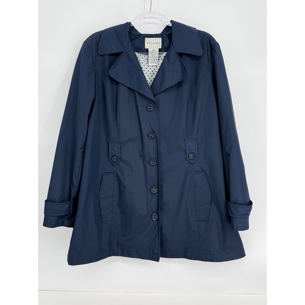 White Stag Womens Navy Button Front Trench Coat Jacket Polka Dot Lining Sz L